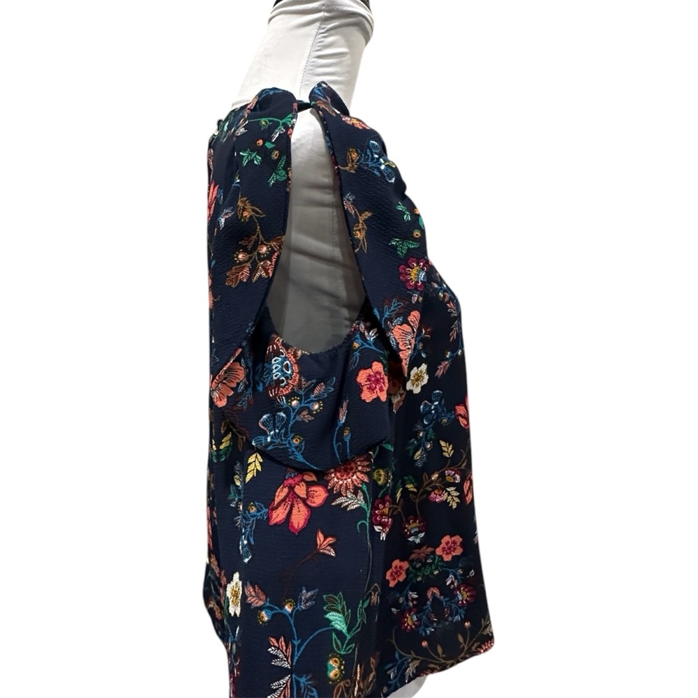 Haute Monde Floral Ruffle Cold Shoulder Blouse Crepe Bold Colors Navy Blue - Picture 2 of 11